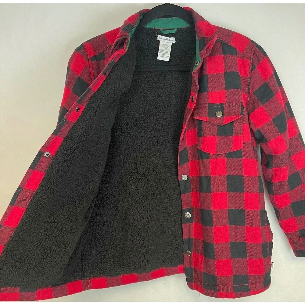 TOMMY BAHAMA Shacket Shirt Jacket Kids XL 14 Red Buffalo Plaid Sherpa Lined Snap
